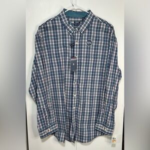 Izod Men's 3XL Tall Blue and Teal Plaid Button Up Natural Stretch Shirt NWT